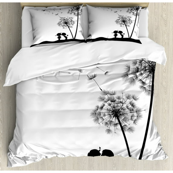 Black and White Duvet Cover Set King Size, Little Boy and Girl Silhouette under a Dandelion Monochrome Spring Season, Decorative 3 Piece Bedding Set with 2 Pillow Shams, Black White, by Ambesonne