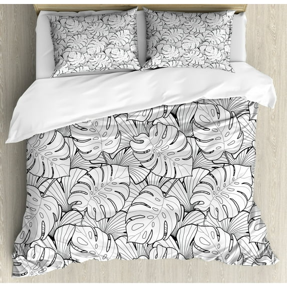 Black and White Duvet Cover Set King Size, Palm Tree Leaves Subtropical Island Foliage Hot Climate Jungle Rainforest, Decorative 3 Piece Bedding Set with 2 Pillow Shams, Black White, by Ambesonne