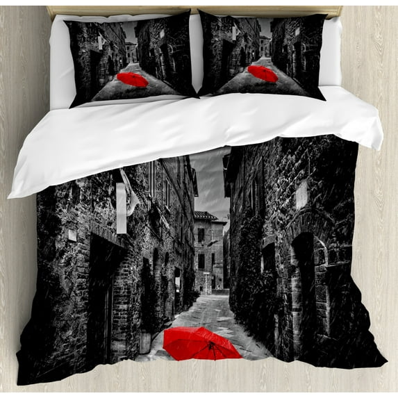 Black and White Duvet Cover Set King Size, Red Umbrella on a Dark Narrow Street in Tuscany Italy Rainy Winter, Decorative 3 Piece Bedding Set with 2 Pillow Shams, Grey Vermilion, by Ambesonne