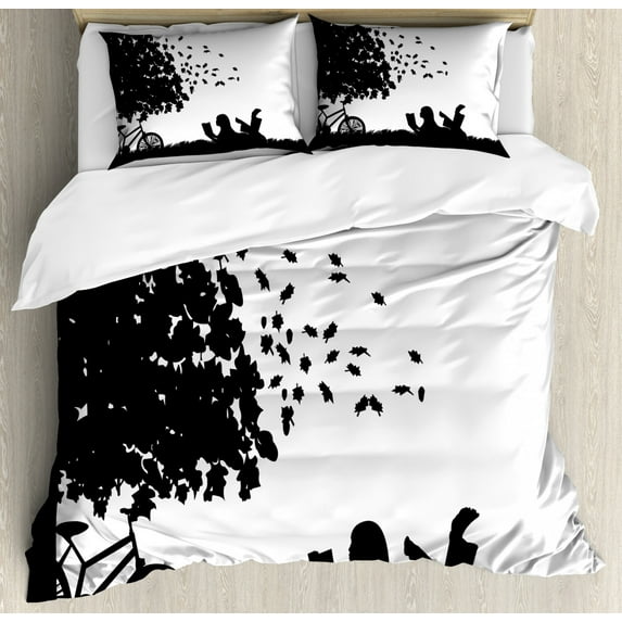 Black and White Duvet Cover Set King Size, Silhouette of a Girl with Bike Reading a Book under a Tree in Fall, Decorative 3 Piece Bedding Set with 2 Pillow Shams, Black White, by Ambesonne