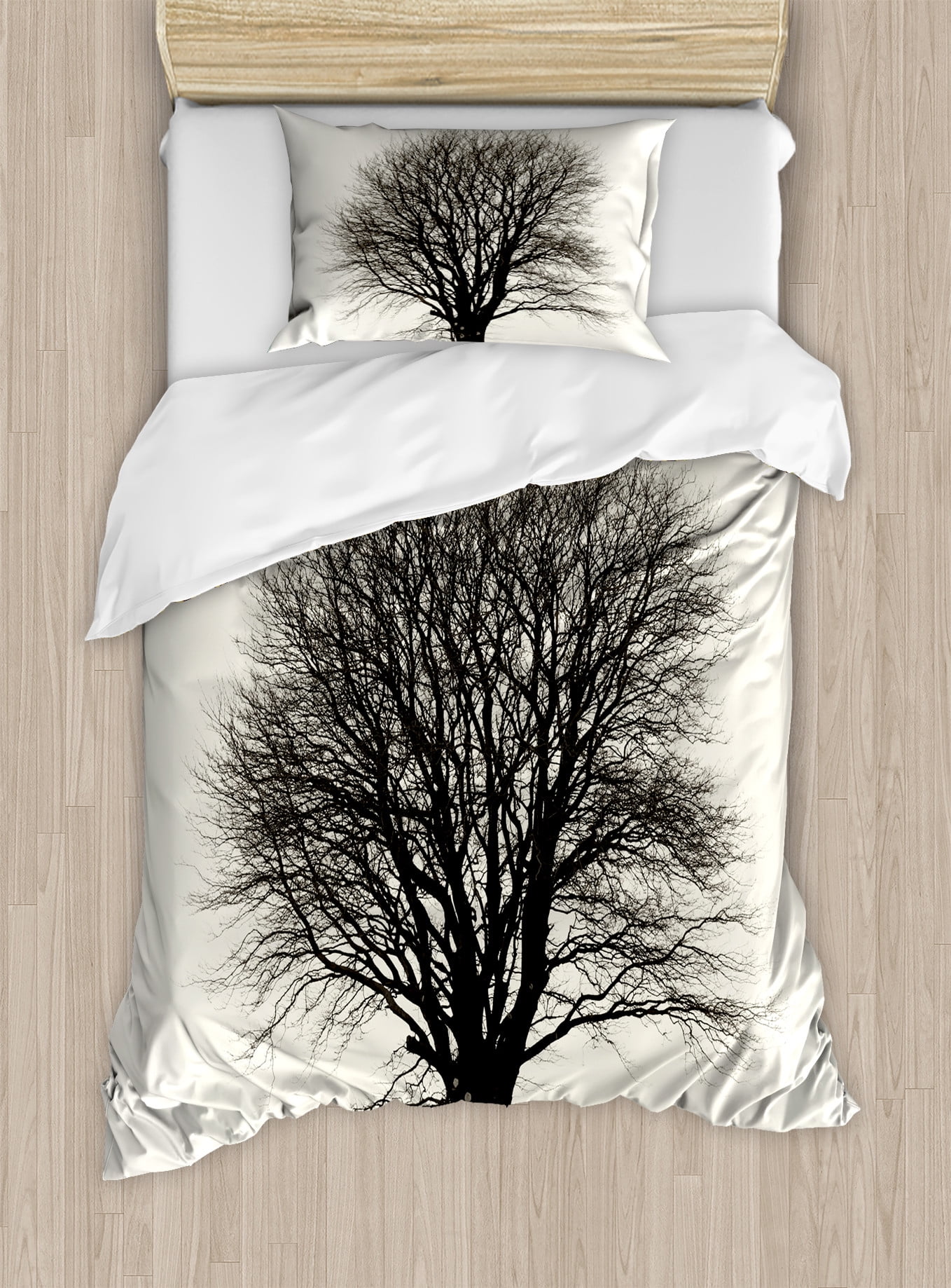 Ivory and Dark Grey Twin Duvet Cover Set with Tree Design