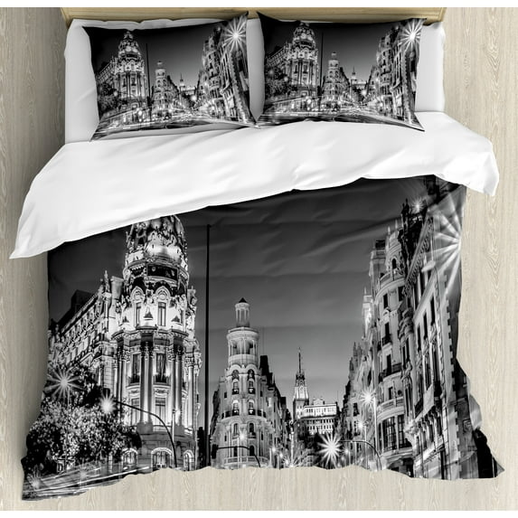 Black and White Duvet Cover Set, Madrid City at Nighttime in Spain Main Street Architecture, Decorative 3 Piece Bedding Set with 2 Pillow Shams, Queen Size, Black White Grey, by Ambesonne