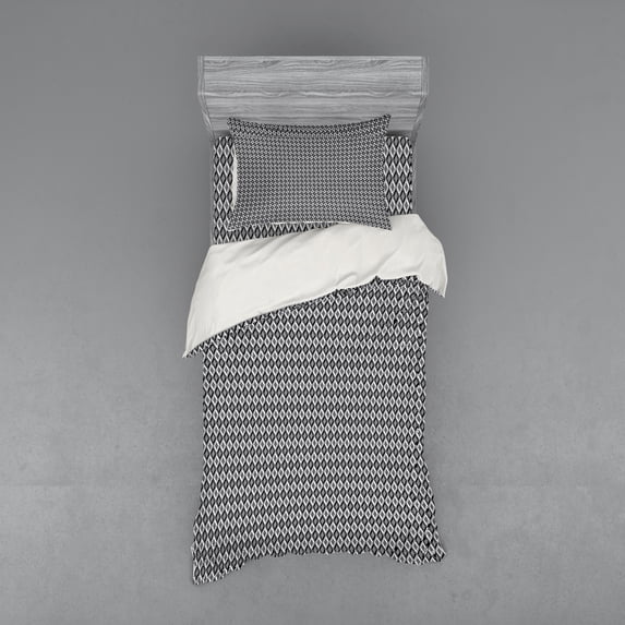 Black and White Duvet Cover Set, Monochrome Rhombus with Lines and Dots Geometric Composition of Shapes, Bedding Set with Shams and Fitted Sheet, 3 Sizes, by Ambesonne