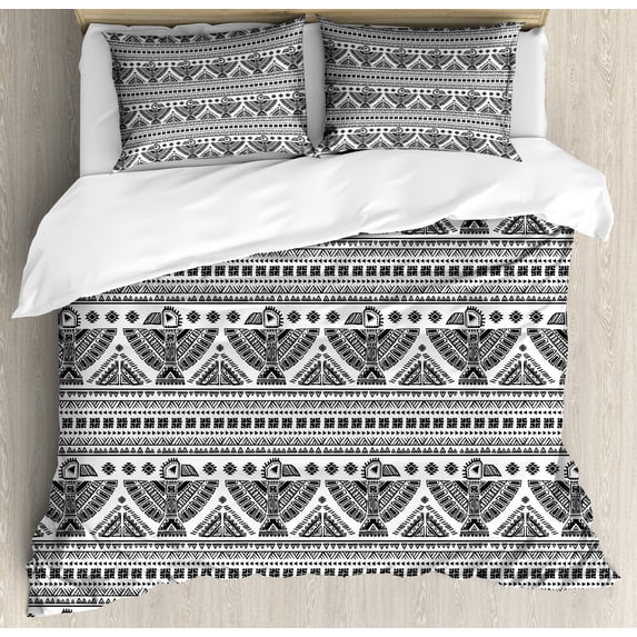 Black White Duvet Cover Set, Prehistoric Art Pattern with Eagle Mystic Culture Folk, Decorative 3 Piece Bedding Set with 2 Pillow Shams, Queen Size, Black White, by Ambesonne