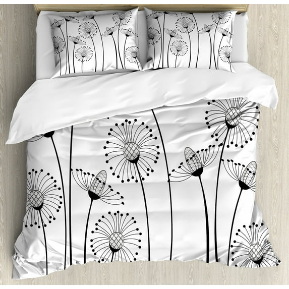 Black and White Duvet Cover Set Queen Size, Meadow Flowers with Stylized Abstract Dandelions in Countryside Artwork, Decorative 3 Piece Bedding Set with 2 Pillow Shams, Black White, by Ambesonne