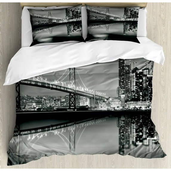 Black and White Duvet Cover Set, San Francisco Urban Bridge Metropolis Panorama View with Skyscrapers Print, Decorative 3 Piece Bedding Set with 2 Pillow Shams, Calking Size, Dark Green, by Ambesonne