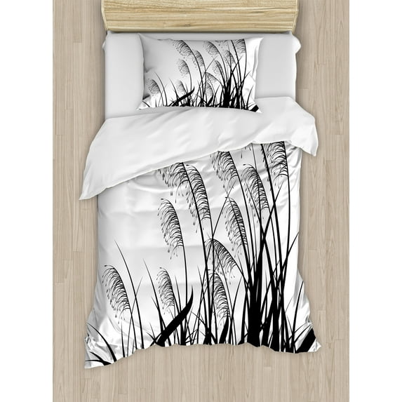 Black and White Duvet Cover Set, Silhouette of Bushes Wild Plants Wheat Field Twiggy Herbs Seasonal Picture, Decorative 2 Piece Bedding Set with 1 Pillow Shams, Twin Size, White Black, by Ambesonne