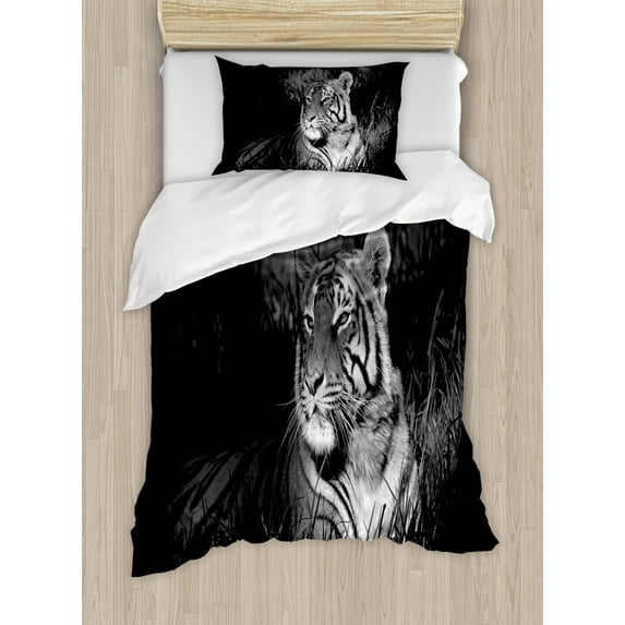 Black and White Duvet Cover Set Twin Size, Bengal Tiger Lying in the Grass Africa Savannah Monochrome Image Print, Decorative 2 Piece Bedding Set with 1 Pillow Sham, Black White, by Ambesonne