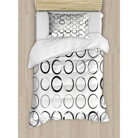 Black and White Duvet Cover Set Twin Size, Circles with Brush Stroke Effects Artistic Hand Drawn Grunge Style Design, Decorative 2 Piece Bedding Set with 1 Pillow Sham, Black White, by Ambesonne