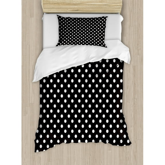 Black and White Duvet Cover Set Twin Size, Classical Pattern of White Polka Dots on Black Traditional Vintage Design, Decorative 2 Piece Bedding Set with 1 Pillow Sham, Onyx White, by Ambesonne