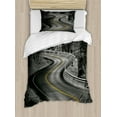 thumbnail image 1 of Black and White Duvet Cover Set Twin Size, Curvy Asphalt Road with Yellow Line in Middle Nature Forest Trees, Decorative 2 Piece Bedding Set with 1 Pillow Sham, Black Grey Yellow, by Ambesonne, 1 of 3