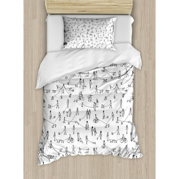 Black and White Duvet Cover Set Twin Size, People Walking Dogs Daily Life Activity Park Friends Urban Pattern, Decorative 2 Piece Bedding Set with 1 Pillow Sham, Black and White, by Ambesonne