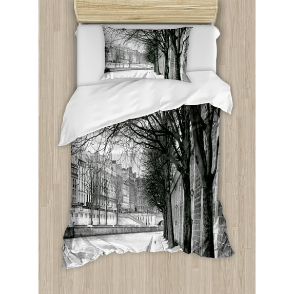 Black and White Duvet Cover Set Twin Size, Seine River Paris City France Snowy Winter in the Urban City Trees, Decorative 2 Piece Bedding Set with 1 Pillow Sham, Black White Grey, by Ambesonne