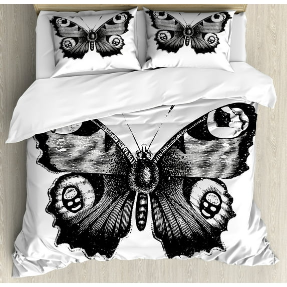 Black and White Duvet Cover Set, Vanessa Peacock Butterfly Vintage Style Wildlife Theme Nature Art, Decorative 3 Piece Bedding Set with 2 Pillow Shams, Calking Size, Black White, by Ambesonne