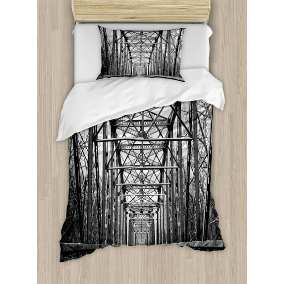 Black and White Duvet Cover Sets, Road Through Bridge Tunnel Urban City and Modern Architecture Image, Bedding Set with 2 Duvet Covers & 2 Pillowcases, 2 Pack Twin Size, Black White Grey, by Ambesonne