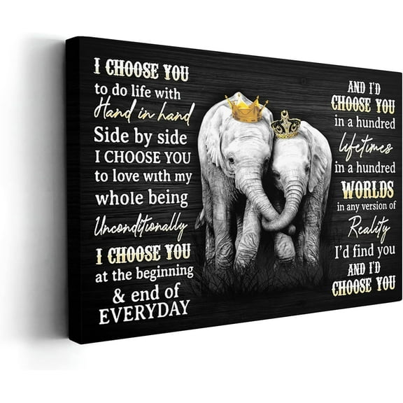 Black and White Elephant Wall Art Inspiritional Quotes - i Choose You Poster Elephant King and Queen Crown Canvas Painting for Bathroom Bedroom Office Unframed Artwork
