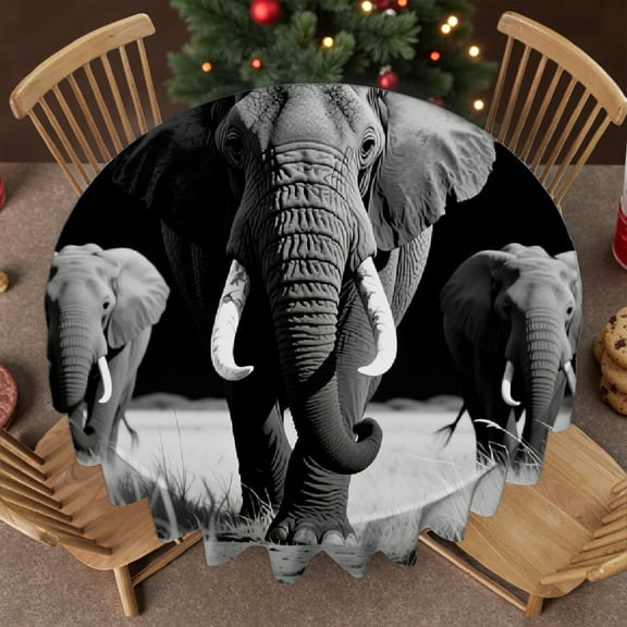 Black White Elephant tablecloth round, 2D Flat Printing - Polyester Tablecloths Tablecloth for dining table, Cafe, dinner, brunch, buffet, picnic