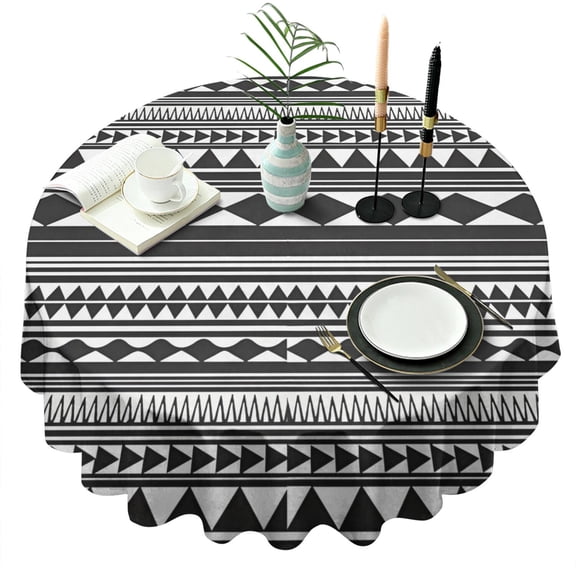 Black White Ethnic Pattern Round Tablecloth 60"x60",Wrinkle Wipeable Table Cloth for Kitchen Dining Room Picnic Patio Party