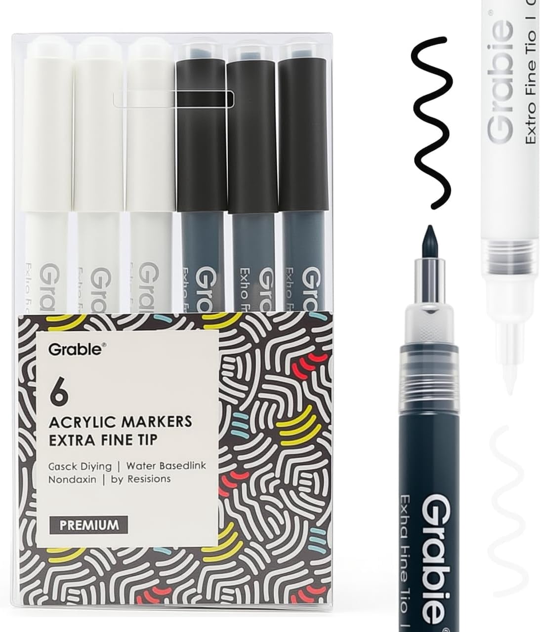 Black & White Extra Fine Tip Acrylic Paint Marker Set, 6 Pack, 0.7mm Acrylic Paint Pens for Highlights and Fine Details on Drawings, Rock Painting Glass Canvas Wood, White Highlight Markers