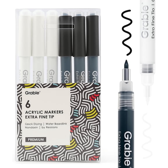 Black & White Extra Fine Tip Acrylic Paint Marker Set, 6 Pack, 0.7mm Acrylic Paint Pens for Highlights and Fine Details on Drawings, Rock Painting Glass Canvas Wood, White Highlight Markers
