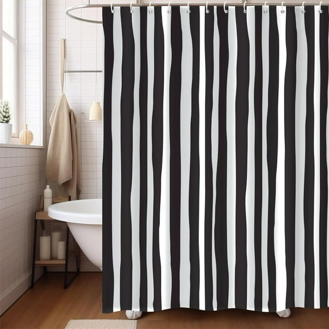 Black and White Extra Long Shower Curtain, Striped Boho Minimalist
