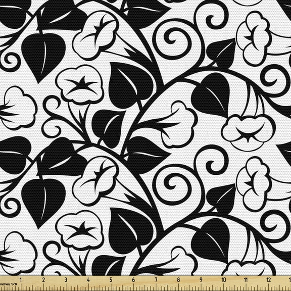 Ambesonne Black and White Fabric by the Yard Upholstery, Vine Flowers, 5 Yards, Black White
