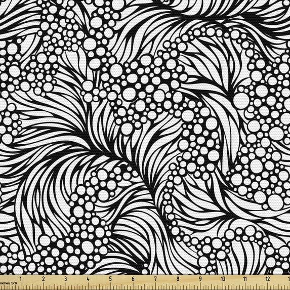 Black and White Fabric by the Yard, Abstract Shapes and Dots Water Themed Bubbles and Waves Ocean Surface, Upholstery Fabric for Dining Chairs Home Decor Accents, Black White by Ambesonne