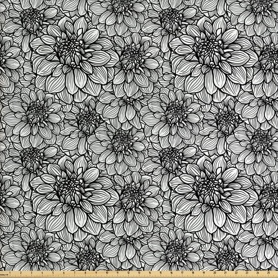 Black and White Fabric by the Yard, Botanical Gardening Plants Hand Drawn Style Dahlia Burst into Blossom, Decorative Upholstery Fabric for Chairs & Home Accents, Black White by Ambesonne