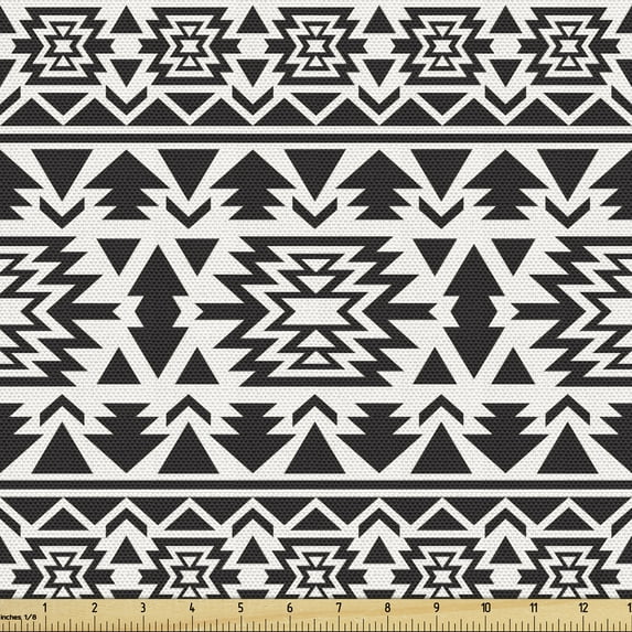 Ambesonne Black and White Fabric by the Yard Upholstery, Folk Mexican, 1 Yard, Black White