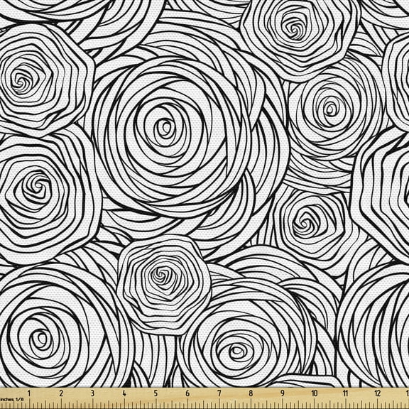 Ambesonne Black and White Fabric by the Yard Upholstery, Spiral Roses, 5 Yards, Black White