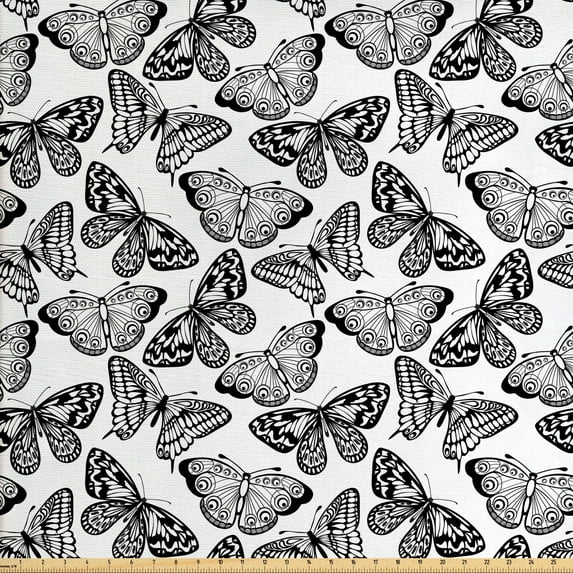 Ambesonne Black and White Fabric by the Yard Upholstery, Abstract Fauna, 10 Yards, Black White
