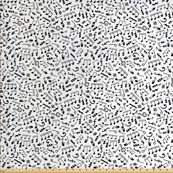 Ambesonne Black and White Fabric by the Yard Upholstery, Notes and Chord, 3 Yards, Black White