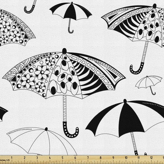 Ambesonne White Fabric by the Yard Upholstery, Ornate Umbrellas, 3 Yards, Black White