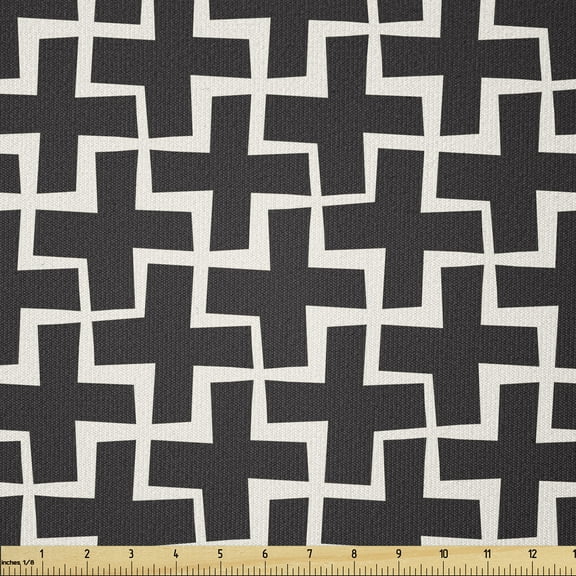 Black and White Fabric by The Yard, Plus Signs Abstract Pattern Geometric Tile Ornament in Contrasting Colors, Stretch Knit Fabric for Clothing Sewing and Arts Crafts, 2 Yards, White Black, Ambesonne