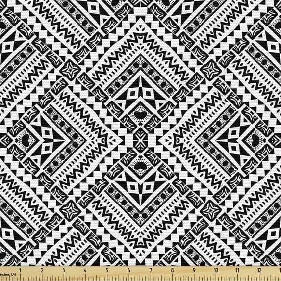 Black and White Fabric by the Yard, Rhombuses Abstract Motifs Chevrons Dots and Diamond Shapes, Decorative Upholstery Fabric for Chairs & Home Accents, Black White by Ambesonne