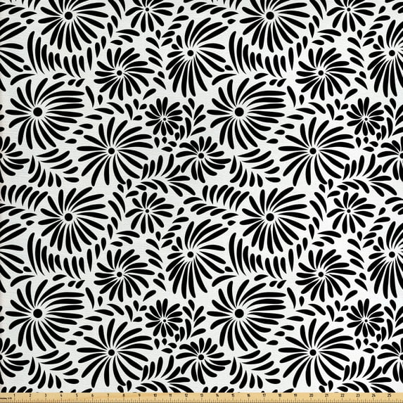 Ambesonne Black and White Fabric by the Yard Upholstery, Simple Flower, 5 Yards, Black White