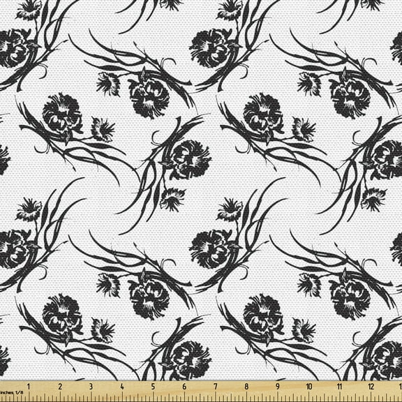 Ambesonne Black and White Fabric by the Yard Upholstery, Romantic Botany, 1 Yard, Black and White