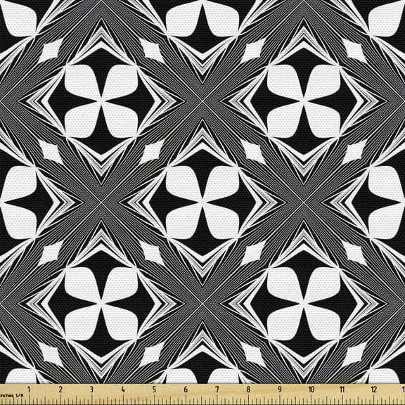 Black and White Fabric by the Yard Upholstery, Monochrome Composition with Petals and Rhombus Shapes Abstract Pattern, Decorative Fabric for DIY and Home Accents, 5 Yards, Black and White by Ambesonne