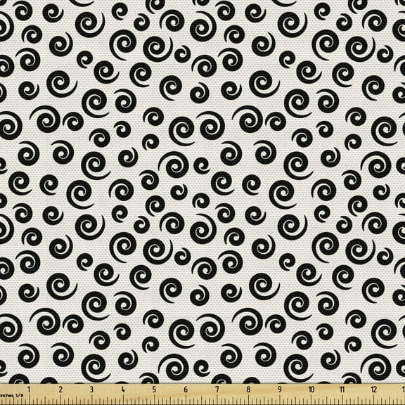 Ambesonne Black and White Fabric by the Yard Upholstery, Spiral Curly Shapes, 5 Yards, Black White