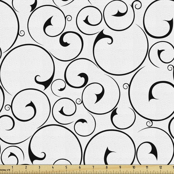 Ambesonne Black and White Fabric by the Yard Upholstery, Vintage Curlicues, 10 Yards, Black and White
