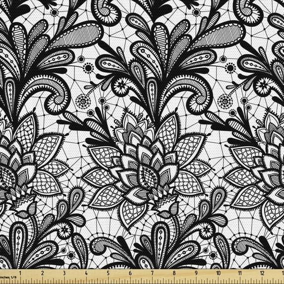 Ambesonne Black and White Fabric by the Yard Upholstery, Victorian Lace, 1 Yard, Black White