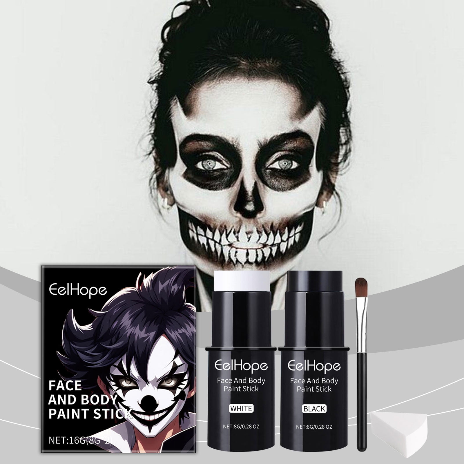 Black White Face Body Paint Stick Set with Sponges and Setting Powder