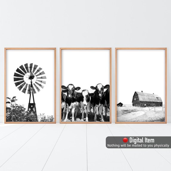 Black White Farm Prints Set Of 3, Cow Barn Windmill Farmhouse Wall Art ...
