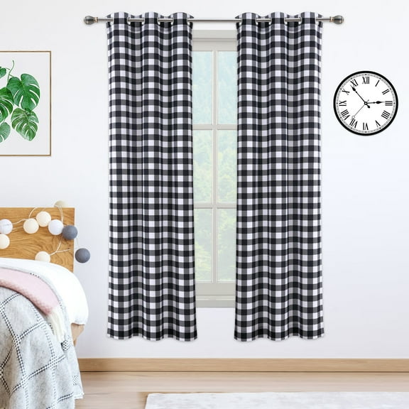 Tzou Farmhouse Black and Buffalo Check Grommet Curtains, Light Filtering 37" x 95", 2 Panels