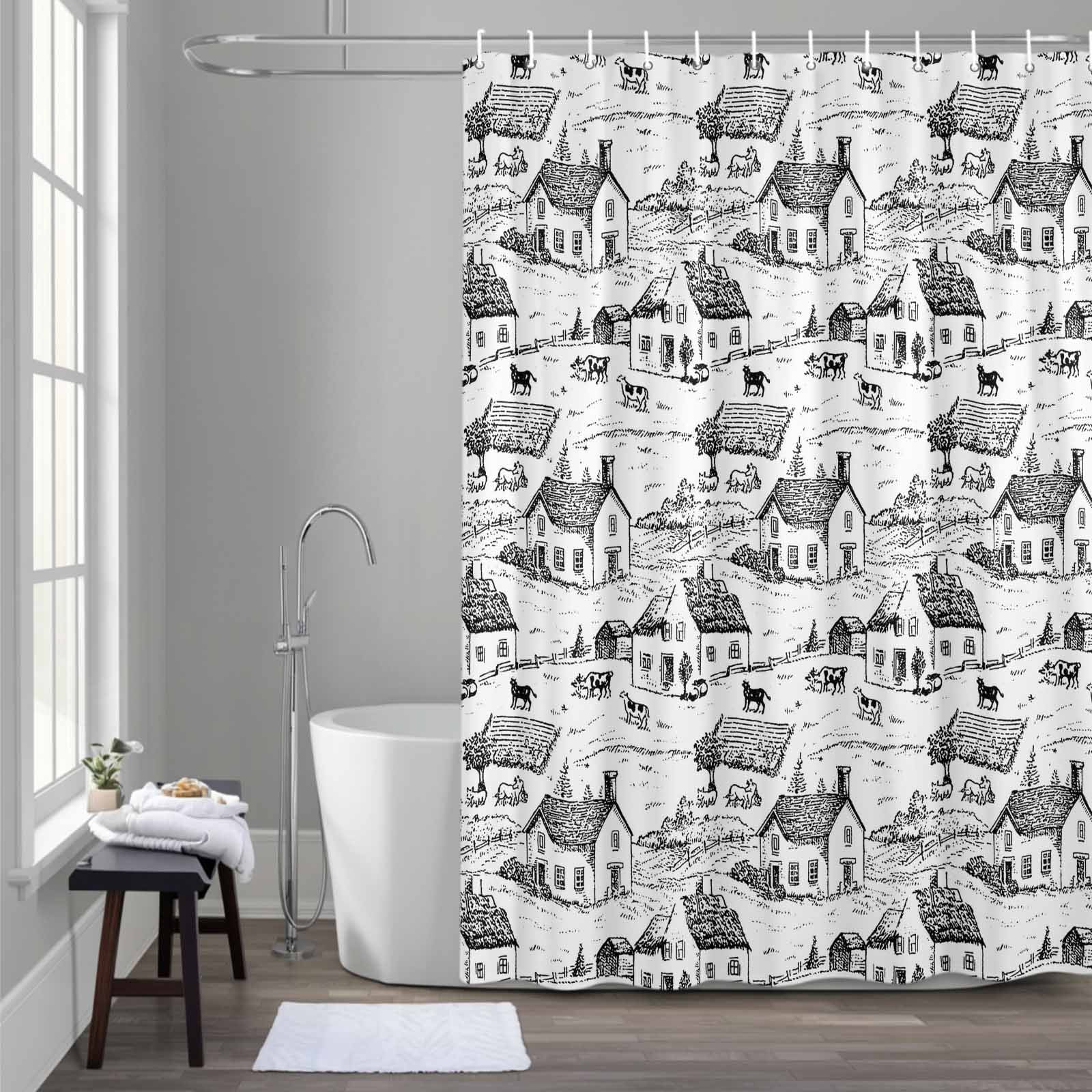 Black White Farmhouses Shower Curtain for Bathroom Decor, Vintage ...