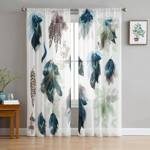 Black White Feather Indian Simple Tulle Curtains for Living Room Bedroom Sheer Voile Drapes Modern Printed Design Sheer Curtains