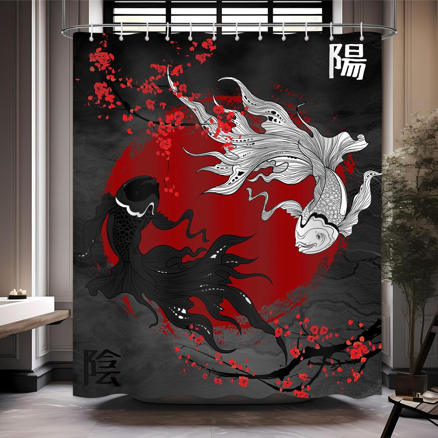 JAWO Japanese Great Wave Shower Curtain - Cherry Blossom & Red Sun Design, 69x70 Inch, Fabric, Waterproof