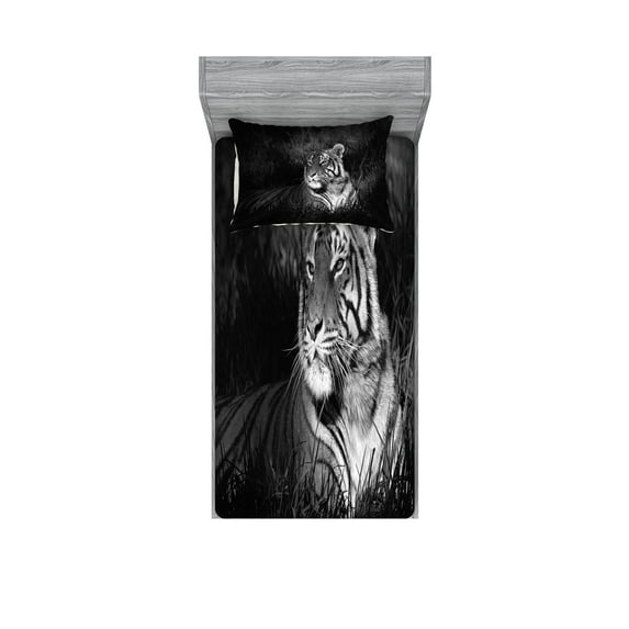 Black and White Fitted Sheet & Pillow Sham Set, Bengal Tiger Lying in the Grass Africa Savannah Monochrome Image Print, Decorative Printed 4 Piece Bedding Decor Set, Twin, Black White, by Ambesonne