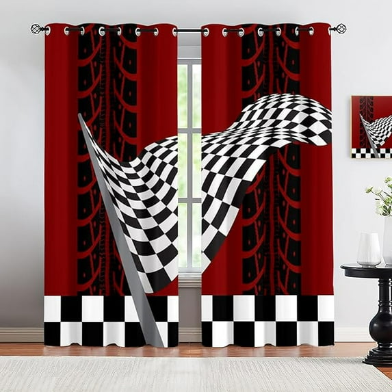 Black And White Flag Checkered Curtains For Living Room, Tire Mark Black Red Blackout Curtains For Bedroom, Thermal Curtains For Summer Heat 42"W x 96"L (Pack of 2)