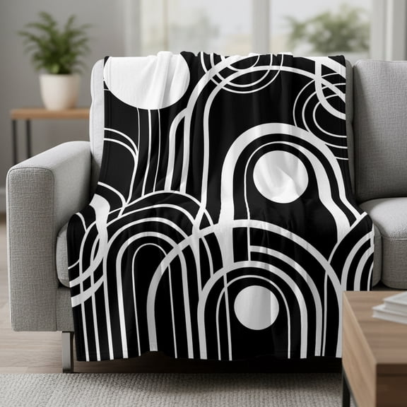 Black White Fleece Throw Blanket Abstract Line Boho Minimalist Mid Century Arch Geometric Ultra Soft Fuzzy Cozy Flannel Throw Blanket for Couch Sofa Bed Car Travel, Ideal Gifts 30x40 Inches